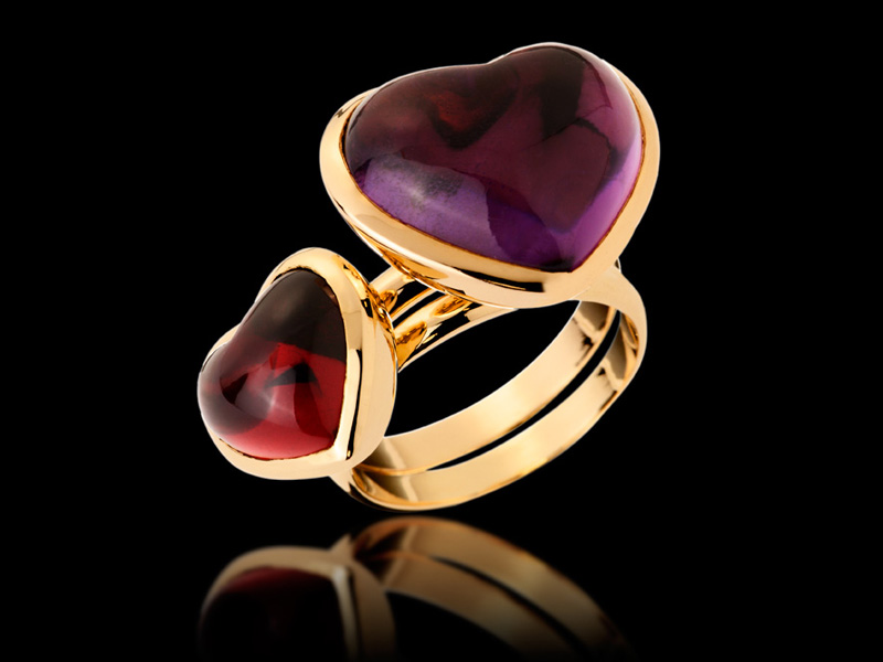 Duo of rings in 18K Gold and color stones cabochon